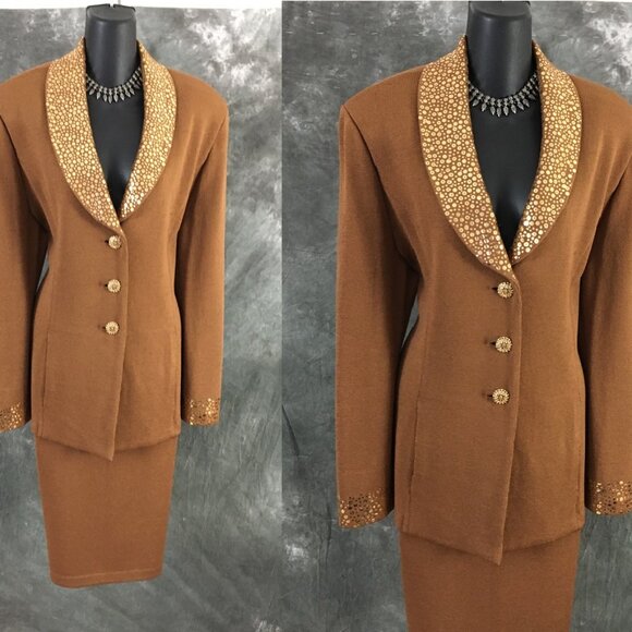 BEAUTUFUL st john evening knit brown embellished skirt suit 16 - Picture 2 of 10